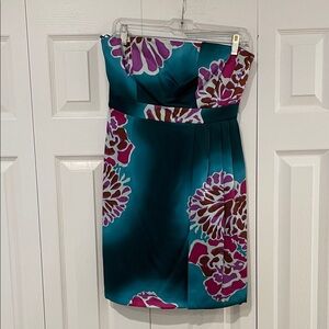 Tibi Teal Strapless Dress with Pink Floral Design